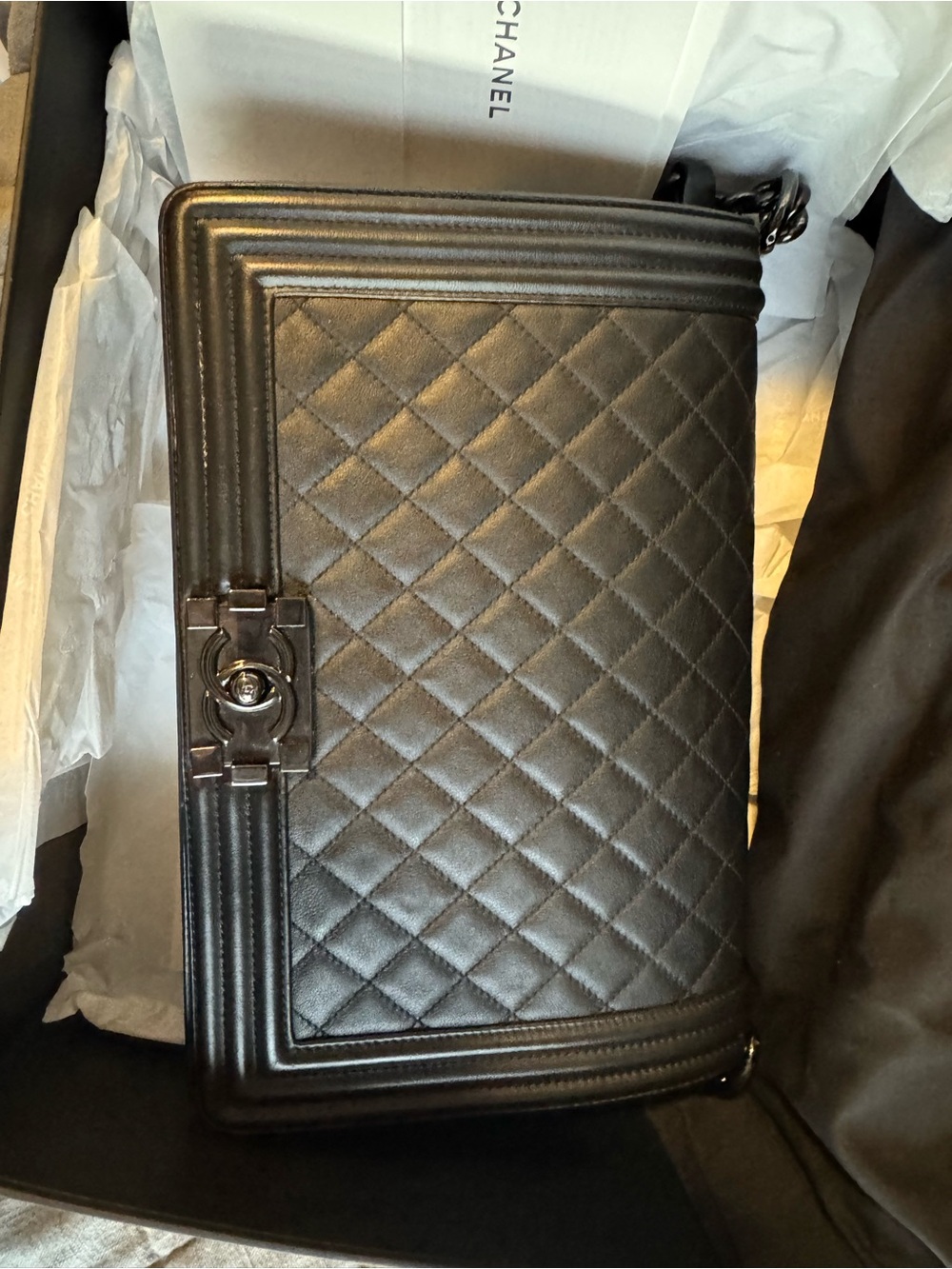CHANEL Black Quilted Boy Messenger Bag with Chain